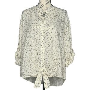 Vince Camuto SMALL Island Oasis Front Tie Roll Tab Sleeve Button Up Blouse Top